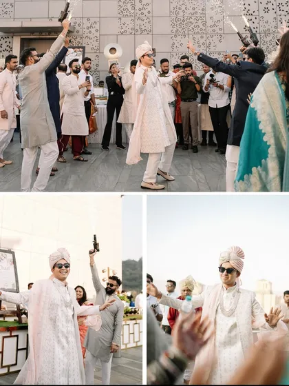 The groom and his squad bringing the energy to the baraat. We ensure the groom's procession is a memorable and high-spirited affair.