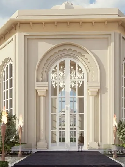 This octagonal hall, part of the larger banquet complex, serves as an elegant pre-function area. Flanked by elephant sculptures with water features, its design combines classical proportions with ornate Indian detailing for a stunning visual impact.