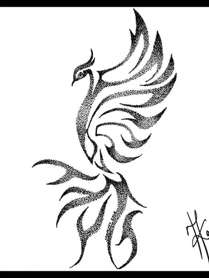 A phoenix created with the stippling technique. The entire form is made of tiny dots, representing the slow, patient process of rising again from the ashes, piece by piece.