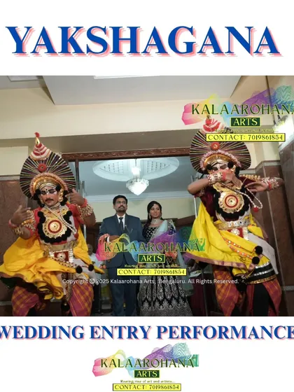 We bring the magnificent theatre of Yakshagana to your wedding day. Here, two of our artists in full, vibrant costume flank the couple, creating a powerful and culturally rich welcome.