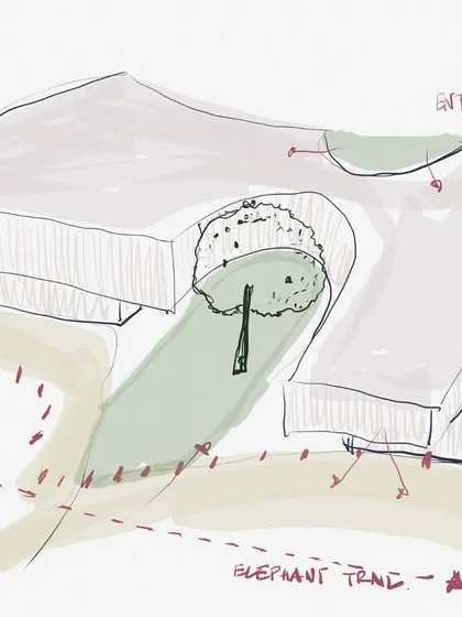 Every project begins with a question. This initial concept sketch for the Elephant Pavilion explores the fundamental relationship between the building's form, the elephant trail, and the natural topography of the site.