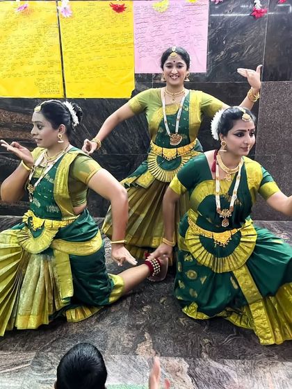 A trio of my students performing at the Jnana Saraswati temple during the Navaratri festival. We perform at multiple temples and venues throughout the nine-day celebration.