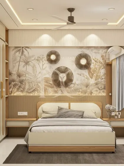 We believe a bedroom should be a personal sanctuary. For this master bedroom, we created a serene tropical theme with custom arched wallpaper panels, integrated backlighting, and sleek, handleless wardrobes to maximize the sense of calm and space.