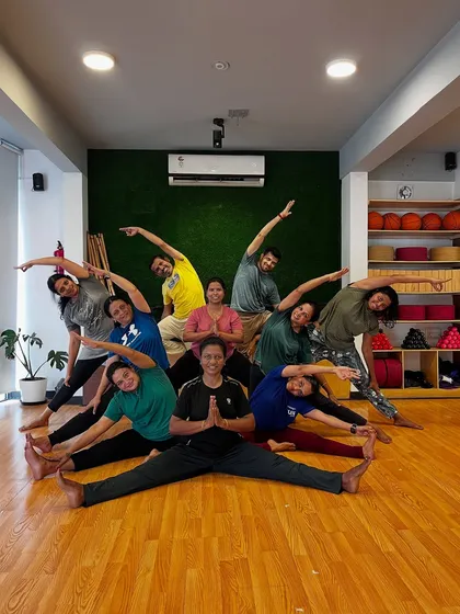 Yoga is also about connection and fun. Here is a look at one of our studio sessions where we created a group pose, showcasing the teamwork and supportive community spirit that I foster in all my classes.