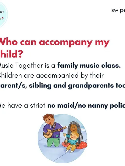 This is a family music class, which means children are accompanied by the people who love them most: parents, grandparents, and older siblings are all welcome. We have a strict no-nanny policy to preserve this special bonding time.