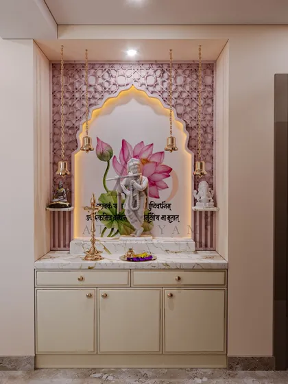 A complete view of the Krishna mandir, showcasing the elegant cabinet storage below and the soft, divine glow from the integrated lighting.