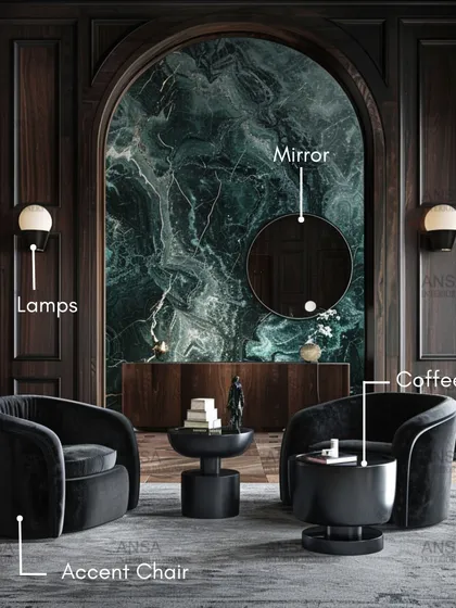 Here is a breakdown of the essential elements for a perfect living room corner. An accent chair provides a comfortable spot to relax, while a statement mirror, unique lamps, and a functional coffee table complete the look, adding layers of style and personality.