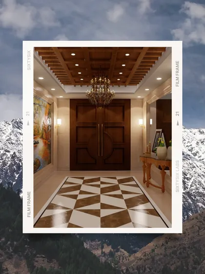 A rendering of the grand entryway for ITC Narkanda. The design features large wooden doors, a coffered ceiling, and a geometric marble floor, establishing a sense of grandeur upon arrival.