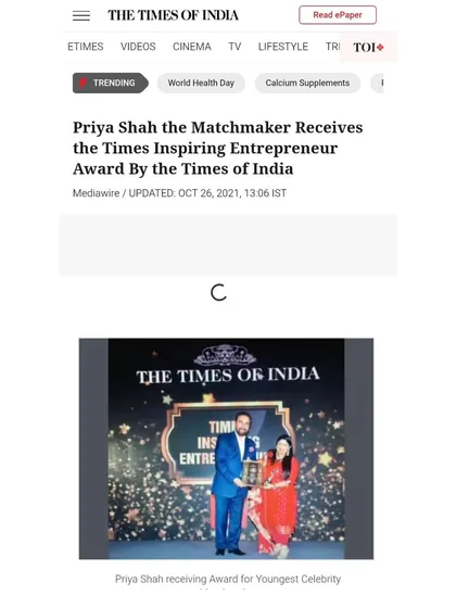 Receiving The Times Inspiring Entrepreneur Award was a truly humbling moment. This recognition from The Times of India is not just for me, but for every family that has placed their trust in my process and for the 12,000+ love stories I have been a part of.