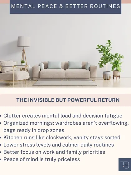Professional organizing is about more than just aesthetics; it's about creating systems that give you mental peace and better routines. An organized home leads to lower stress and calmer days.
