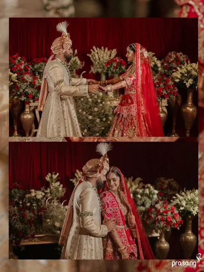 A collage of tender moments between the couple. From holding hands to sharing a private smile, these are the memories that last a lifetime, captured beautifully against the lush floral decor I designed.
