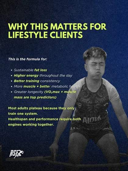 For lifestyle clients, this hybrid approach is the formula for sustainable fat loss, higher daily energy, and greater longevity. Healthspan requires both the strength and cardio engines working together.