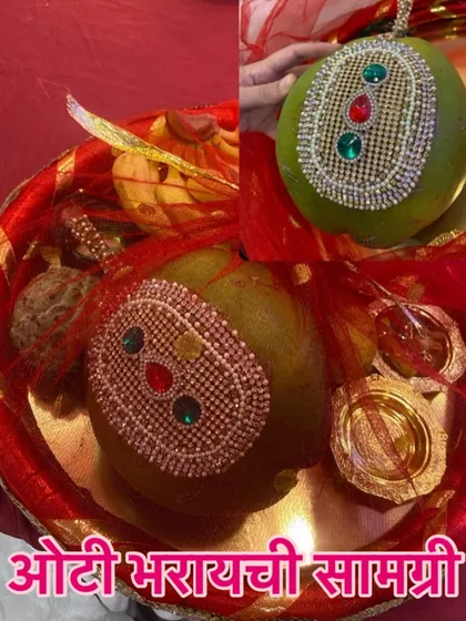 "Parંપarik ot bharani chi samagri." A collage showing the essential items for a traditional Oti filling ceremony, including a decorated coconut and bangles.