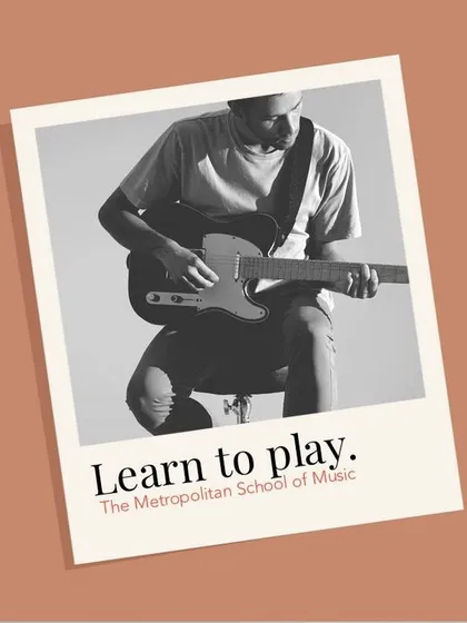 This stylized polaroid shot of a guitarist embodies the cool, creative spirit of learning an instrument. We offer lessons for a range of instruments, including guitar, for all age groups.