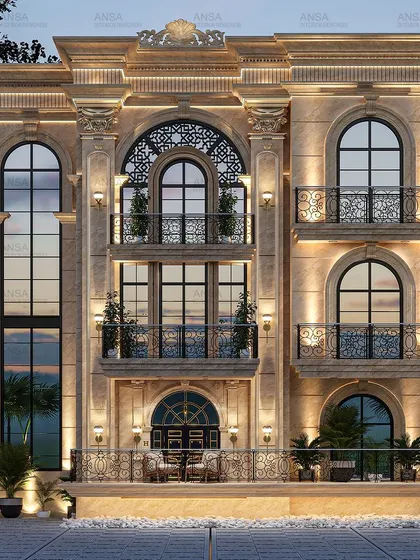 I love the timeless grandeur of neoclassical architecture. Here, the intricate metalwork on the arched windows and balconies adds a layer of artistry to the strong, symmetrical facade, creating a home that feels both historic and magnificent.