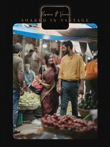 A single, powerful shot from a vintage-themed pre-wedding shoot in a market, edited with a dark, moody feel.