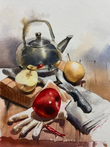 A custom still life painting is a wonderful way to celebrate the beauty of everyday objects. In this detailed watercolor piece, I focused on capturing the reflective surface of the metal kettle, the texture of the fruit, and the soft folds of the cloth.