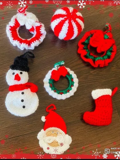 Get a glimpse of my festive collection with this vibrant assortment of handmade Christmas ornaments. This set includes a snowman, Santa Claus, wreaths, a stocking, and a candy cane bauble, perfect for decorating your tree or giving as unique holiday gifts.