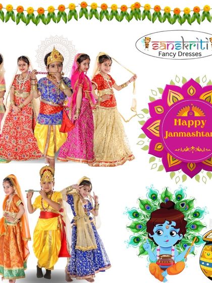 A collage celebrating Janmashtami with our diverse range of Radha and Krishna costumes for children. It shows multiple color combinations and styles, demonstrating the variety we offer for group performances.
