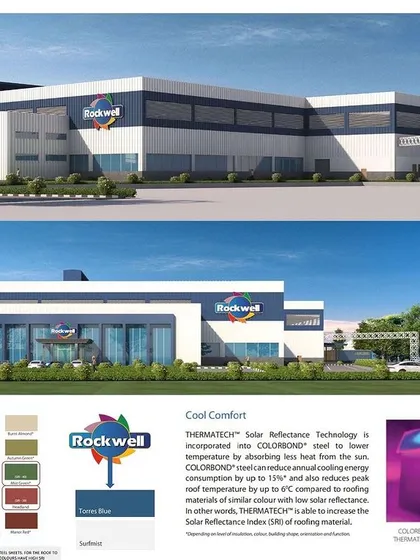 This is the design and material specification board for the Rockwell Cooltech industrial project. My role begins at this planning stage, ensuring that materials like THERMATECH solar-reflective roofing are incorporated to achieve IGBC Platinum certification.