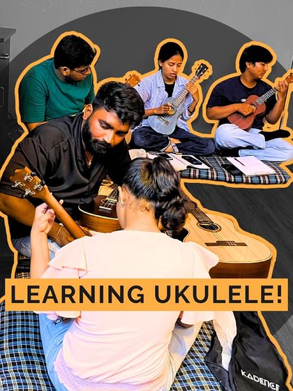 An instructor gives personalized guidance to a young ukulele player. Our small group sizes allow for one-on-one attention, ensuring every student gets the support they need to succeed.