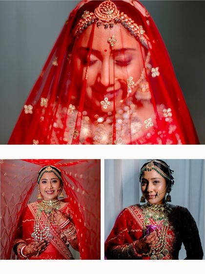A collage of stunning bridal portraits, showcasing her beauty from different angles, including a close-up through her red veil.
