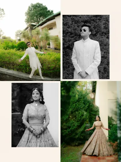 A collage of portraits of the bride and groom, capturing their individual styles and personalities before the ceremony.