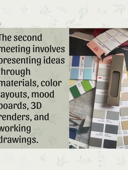 In our second meeting, I bring the ideas to life. I present concepts using material samples, color palettes, mood boards, and even 3D renders so you can clearly visualize the final outcome.