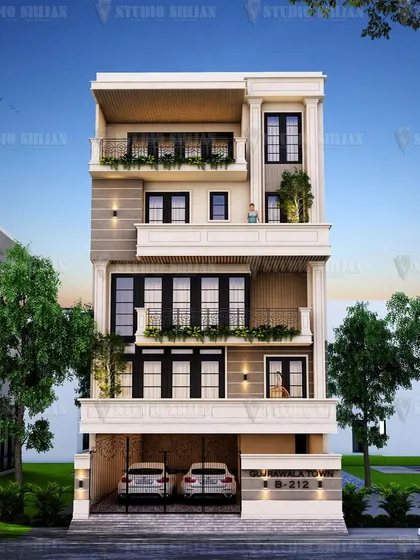 A classic European-inspired facade for a 234 sq. yard home in Gujranwala Town. The design features traditional window casings, decorative balcony railings, and a clean, symmetrical layout for a timeless look.