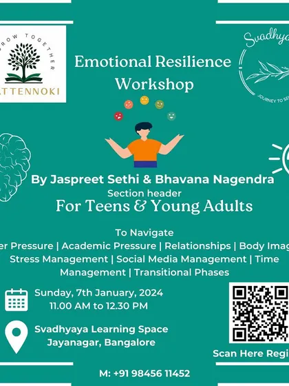 This flyer details our Emotional Resilience Workshop, designed for teens and young adults. It outlines the specific, real-world challenges we address, including academic pressure, social media management, and peer relationships, offering a clear look at the practical tools participants will gain.