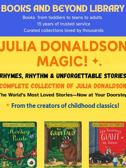Our Julia Donaldson collection is a treasure trove for young readers. This image highlights "The Gruffalo," "Monkey Puzzle," and "The Smartest Giant in Town," three timeless classics that have become staples of childhood reading.