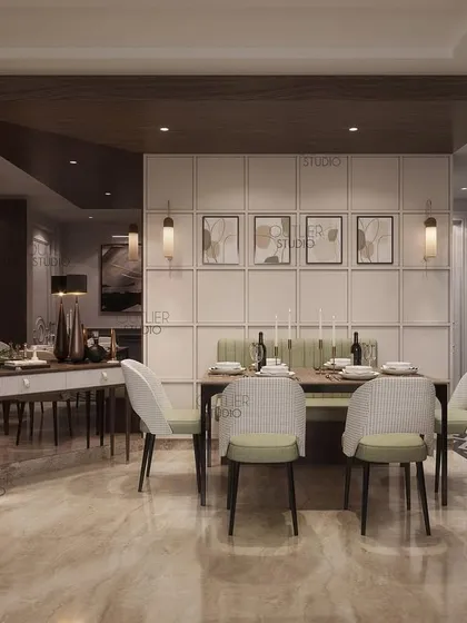 Feast your eyes on this fabulous dining room design. The space features a clean, modern aesthetic with light wood tones, green and white chairs, and a decorative wall display of woven plates.