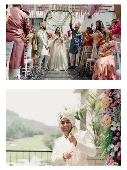 A collage showing the bride's entrance and the groom's excited reaction. This captures the energy and anticipation of the moments just before the ceremony begins.