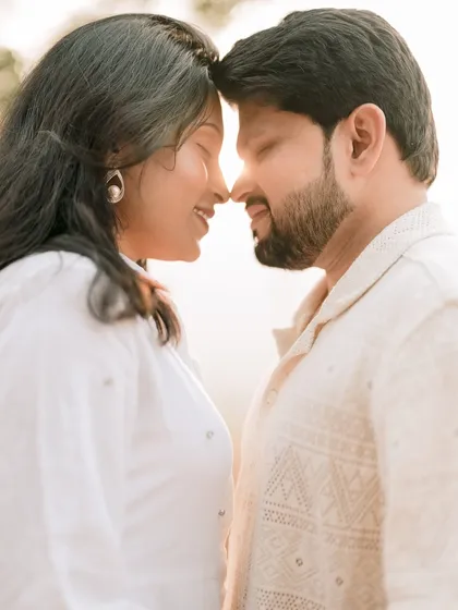 Lost in the moment, with the soft glow of the sun as our only witness. This intimate close-up from Nutan and Shubham's pre-wedding shoot highlights the raw emotion and connection I strive to capture.