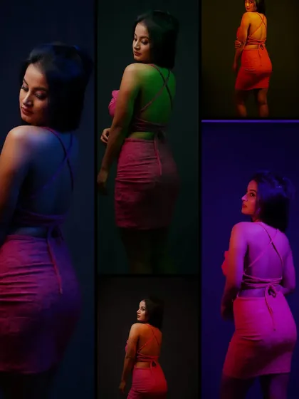 Experimenting with colored gels in the studio allows for creative and vibrant results. This collage shows how we can play with light to create different moods in a single fashion photoshoot.