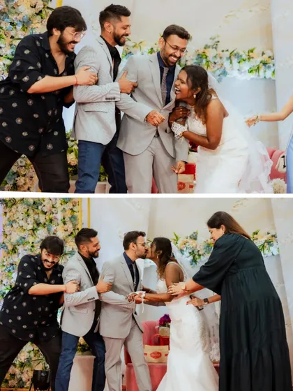 Fun and games at the reception. Friends playfully try to pull the couple apart, leading to a spontaneous kiss. These are the moments you'll laugh about for years.