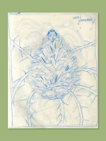 The initial blue-pencil sketch for 'Self-preservation.' This shows the foundational drawing and conceptualization before the final digital rendering, offering a peek into my creative process.