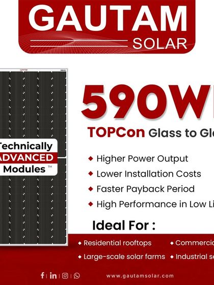 Our 590Wp TOPCon Glass-to-Glass modules are ideal for residential, commercial, and industrial setups. These technically advanced panels deliver higher power output and faster payback periods, with high performance even in low light.