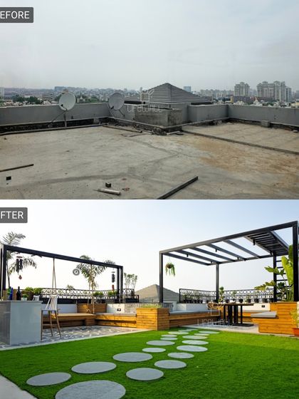 This empty terrace is now a multi-functional outdoor lounge. We designed two separate pergolas for seating and dining, a central bar, and a spacious lawn with a stepping stone path.