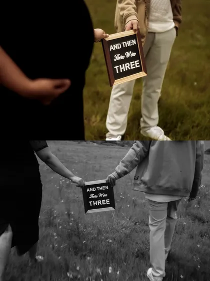 This collage shows the journey ahead, with the couple walking away holding their announcement sign. The mix of color and black and white adds an artistic, narrative feel to the pregnancy announcement.