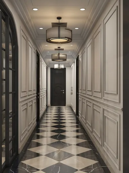 A long, dramatic hallway with a black-and-white checkered marble floor, classic wall paneling, and elegant drum pendant lights.