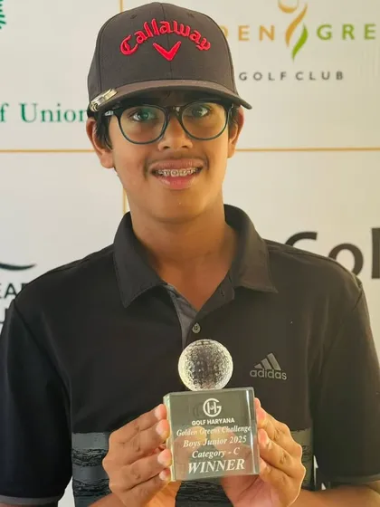 A close-up of Rayirth Jain's winner's trophy from the Haryana tour.