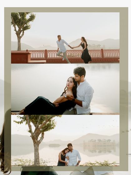 A vertical collage of three moments by the lake, showing the couple running, relaxing, and embracing. This layout effectively tells a story of their day together.