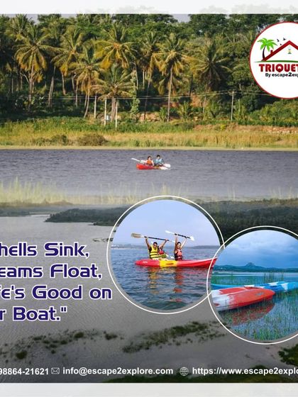 Shells sink, dreams float. Life's good on our boat. A collage showing the joy of kayaking at our resort.