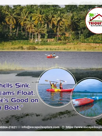 Shells sink, dreams float. Life's good on our boat. A collage showing the joy of kayaking at our resort.