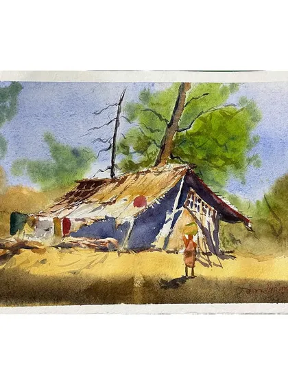 A simple watercolour landscape of a rustic hut. Sometimes the most humble scenes have the most beauty. I loved capturing the texture of the thatched roof and the way the tree seems to grow right out of it.