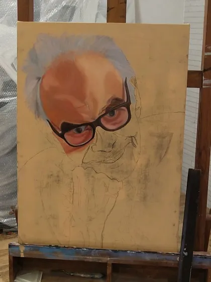 A slightly different angle of the early underpainting stage. You can see the pencil sketch underneath the first layers of oil paint.