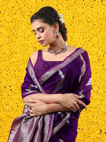 A close-up portrait of the model, showcasing the beauty of the purple and silver saree.