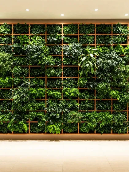 A larger version of the grid-framed vertical garden. The wooden grid creates a "living library" effect, with each square filled with a different arrangement of artificial plants.