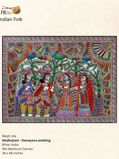 The 'Ramayana Wedding' depicted in the Madhubani style, a narrative piece that tells a timeless story through traditional Indian folk art.